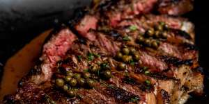 Dry-aged Dandaragan beef sirloin with green pepper and brandy sauce.