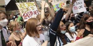 Students gather at a climate protest at Kirribilli House last year.