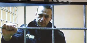 Russian opposition leader Alexei Navalny speaks from prison via a video link,during a court session in Petushki,Vladimir region,east of Moscow,Russia,in January. He sued the prison colony for classifying him as posing a potential extremist or terrorist threat. 