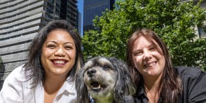All in the family:Former partners Klyde Salcedo (left) and Emma Kennedy,with their dog,Snickers,whom they consider “our child”.