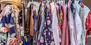 Vintage kimonos for sale in Koenji,an area known for great vintage shopping and nightlife.