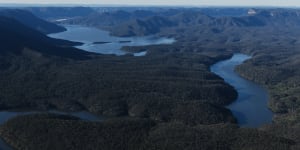 Lake Burragorang from above. The lake sits behind Warragamba Dam,and would potentially fill as much as 17 metres higher if the government proceeds with plans to raise the dam's wall height. A survey found 334 Indigenous sites in the new flood zone during a study that examined only 27 per cent of the at-risk area.
