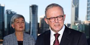 Prime Minister Anthony Albanese and Foreign Affairs Minister Penny Wong during a fleeting visit to Perth on Wednesday afternoon.