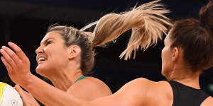 Getting the right balance:Australia's Gretel Tippett under pressure from Karin Burger during the Constellation Cup international Test between Australia and New Zealand.