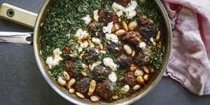 Meatball and white bean stew with creamy,melty feta.