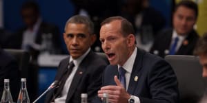Prime Minister Tony Abbott chaired the plenary session of the G20 seated with the President of the United States Barack Obama in Brisbane on Saturday 15 November 2014. 