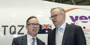 Qantas chief executive Alan Joyce and Prime Minister Anthony Albanese at the airline’s unveiling of its Yes logo on Monday.