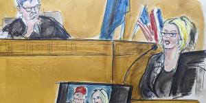 In this courtroom sketch,Stormy Daniels testifies on the witness stand as Judge Juan Merchan looks on.