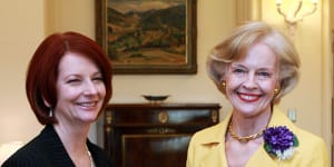 Julia Gillard,left,shakes hands with Governor General Quentin Bryce after Gillard was sworn in as prime minister at Government House in Canberra,Australia,Thursday,June 24,2010.
