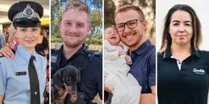 From left:Constables Rachel McCrow and Matthew Arnold,who were killed in the Wieambilla shooting,and constables Randall Kirk and Keely Brough,who survived the incident. 