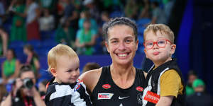 Ash Brazill with her children after the round three Super Netball match between West Coast Fever and Collingwood. 