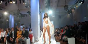 Miranda Kerr models a design by Carla Zampatti at the David Jones Spring/Summer fashion launch. August 14,2012.