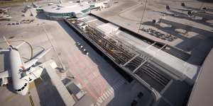 Artist’s impression of an upgraded Brisbane Airport gate,with a cutaway view of its inner workings.