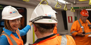 Transport Minister Jo Haylen takes a driverless train under Sydney Harbour on Wednesday.