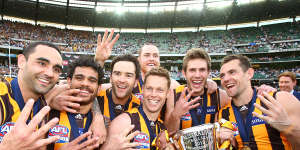 The final stage of the Hawthorn dynasty in 2015. Pictured from left:Shaun Burgoyne,Cyril Rioli,Jordan Lewis,Jarryd Roughead,Sam Mitchell,Grant Birchall,and Luke Hodge.