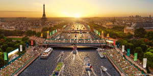 An artist’s rendering of the athletes’ parade on the Seine.