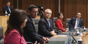 Prime Minister Scott Morrison with premiers Annastacia Palaszczuk,Daniel Andrews,Gladys Berejiklian and Steven Marshall on Friday.