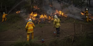 NSW RFS Crews conducting a backburn on the Gospers Mountain Fire at Colo last week. 