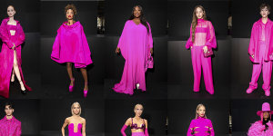 Artists and influencers wearing hot pink at the Valentino ready-to-wear Spring/Summer 2023 fashion collection in Paris in October.