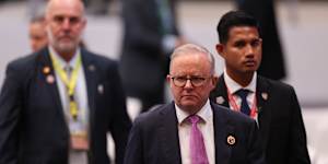 Australian Prime Minister Anthony Albanese,foreground,arrives for the ASEAN-Australia summit as part of the ASEAN summit,in Kuala Lumpur,Malaysia Tuesday,Oct. 28,2025. (Chalinee Thirasupa/Pool Photo via AP)