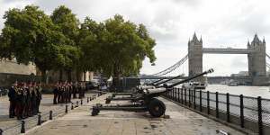 Members of the Honourable Artillery Company prepare for a 96-gun salute at 1pm in tribute to the late Queen Elizabeth II at Tower Bridge.