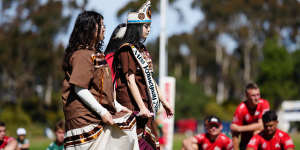The Kumeyaay Nation performs for South Sydney at a welcome ceremony in San Diego.