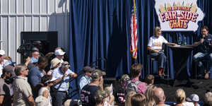 Ron DeSantis (centre right),during a Fair-Side Chat with Iowa Governor Kim Reynolds (centre left) at the Iowa State Fair.