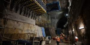 The floor of the cavern for the Hunter Street station’s platforms is about 30 metres below CBD streets. 
