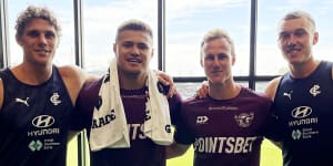 Carlton’s Charlie Curnow (left) and Patrick Cripps (right) with Sea Eagles pair Josh Schuster and Daly Cherry-Evans.