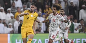 Australia's defender Milos Degenek makes a shocking backpass to his goalkeeper.