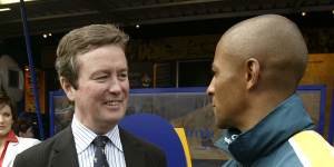 John O’Neill with former Wallabies captain George Gregan in 2003,ahead of the Rugby World Cup.