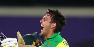 Mitchell Marsh celebrates with Glenn Maxwell after securing the T20 World Cup for Australia.