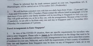 The first page of the letter sent by Singapore authorities to Nagaenthran’s family last week,informing them of his November 10 execution.