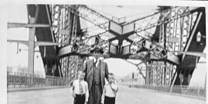 Engineer Frank Litchfield took sons Eric,left,and Ian,on a tour of the bridge in late 1931 before final road surfacing.