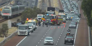 A vehicle rollover on the Mitchell Freeway northbound before Hepburn Avenue,Duncraig.