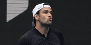 Matteo Berrettini in his Hugo Boss uniform during a practice session against Russia’s Andrey Rublev ahead of the Australian Open,on Friday,Jan. 13,2023