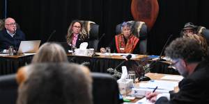 Yoorrook Justice Commission Chair Eleanor Bourke (in red) chairs a meeting last month.