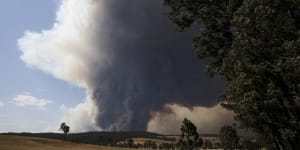 Hot,dry westerly winds created extreme bushfire conditions in southeast Australia this week. Smoke plume from bushfire seen near Sarsfield in East Gippsland on Monday.