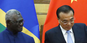 Solomon Islands Prime Minister Manasseh Sogavare and Chinese Premier Li Keqiang during a diplomatic visit to Beijing in 2019.