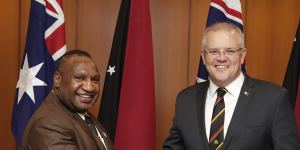PNG Prime Minister James Marape with Prime Minister Scott Morrison in 2019. Australia has been looking to enhance its security ties with PNG for months.