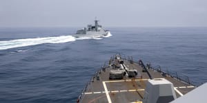 A US Navy ship observes a Chinese navy ship conducting manouvres in the Taiwan Strait on June 3.