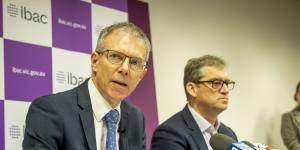 IBAC’s then-acting commissioner,Stephen Farrow (left),and deputy commissioner David Wolf after Operation Sandon was tabled to parliament in July last year.