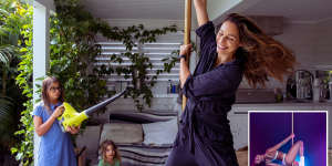 Amanda Montoya,who is a competitive pole dancer,with kids Arrow,3,and Luna,10. 