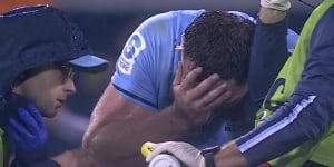Waratahs prop Angus Bell after picking up a foot injury against the Brumbies in Canberra on Saturday evening. 