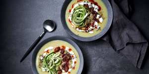 Potato and tahini soup with spiced lamb and zucchini. 