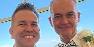 Queensland Deputy Premier Jarrod Bleijie and Public Sector Commissioner David Mackie at the latter’s wedding in April,in which Bleijie acted as a celebrant in a “private capacity”.