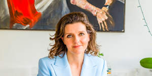 ***EMBARGOED FOR GOOD WEEKEND,JULY 27/24 ISSUE*** Allegra Spender photographed at home,June 2024,in front of a portrait she painted of her late father,former Liberal MP John Spender. Photograph by Tim Bauer Hair&Make-up by Desiree Wise (photographer on contract,no restrictions) Social tags:@timbauerphoto_studio,@desiree_wise