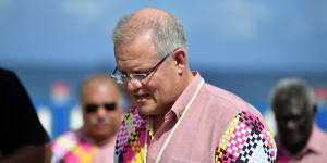 Scott Morrison after the'family photo'during the Pacific Islands Forum in Funafuti,Tuvalu.