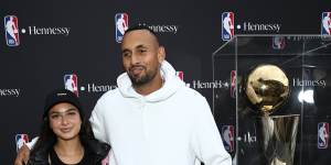Kyrgios with partner Costeen Hatzi at an NBA event in Sydney on Wednesday.