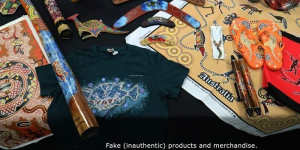 Examples of souvenirs featuring fake or unlicensed Indigenous art and designs.